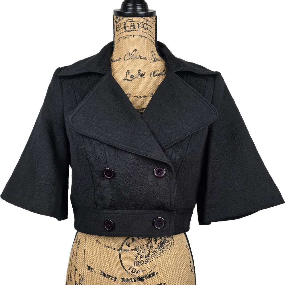 Newport News Womens Black Paisley Jacquard Cropped Bell Sleeve Jacket Size 8